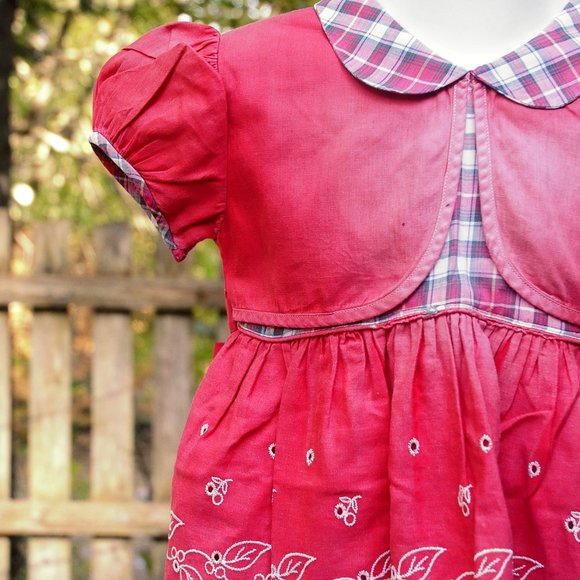 VTG 60's Girls Red Cotton & Plaid School Dress Size 12/18M Eyelet Floral Design - Picture 4 of 10